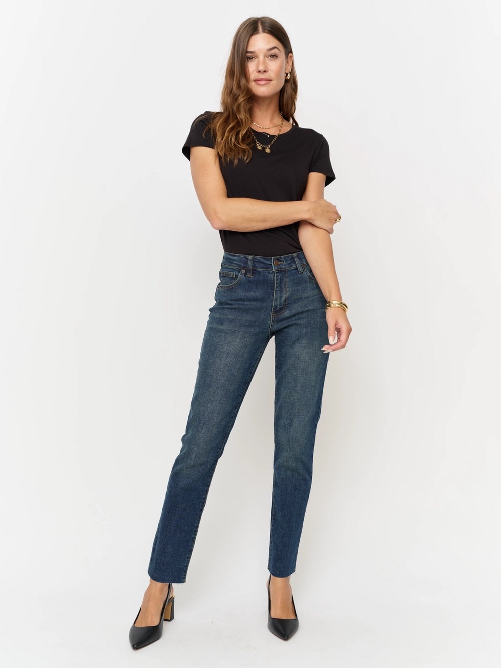 Oliver Logan Crosby Relaxed Taper Ralph Mid-Rise Ankle Raw Hem Stretch Denim